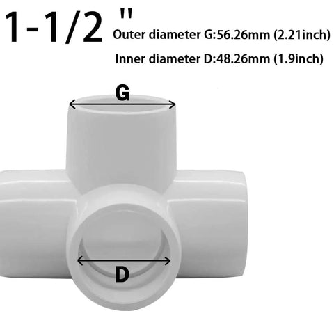 One And A Half Inch PVC Tee Fitting Four Way Elbow Connector with dimensions, white color, front view