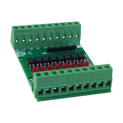 8 Channel Optocoupler Isolation Board For DC 3.3V To 5V Inputs, NPN PNP High Low Level Output, shown from top angle with connectors.