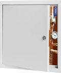 Heavy Duty 12 By 12 Inch Flush Access Panel With Screwdriver Lock Latch, access hatch showing plumbing gauge and pipes.