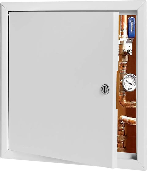 Heavy Duty 12 By 12 Inch Flush Access Panel With Screwdriver Lock Latch, access hatch showing plumbing gauge and pipes.