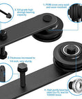 Detailed view of Four Door 15Ft Double Track Bypass Sliding Barn Door Hardware Kit components with screws and rollers visible.