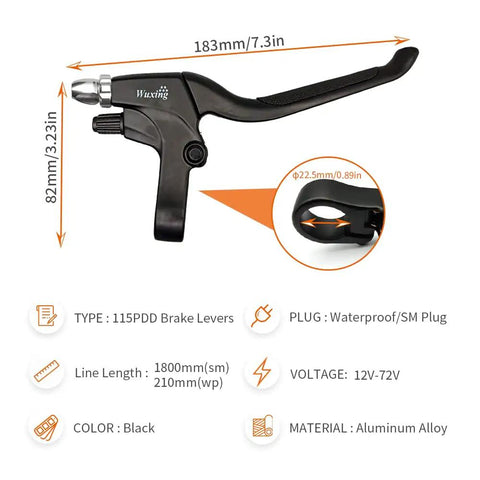 Electric Bike Brake Lever With Cutoff Sensor For E Scooter And Ebike Aluminum Handle With Comfortable Rubber Grip Black Matte Finish 2 Pin Waterproof Plug Cuts Motor Power When Brakes Are Pressed Durable Ebike Parts shown with dimensions and features highlighted