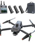 4K Camera Drone With 3 Axis Gimbal Stabilization Six Km Transmission Foldable Quadcopter Dope Pro Grade Performance Five Point Five Inch Screen Remote 360 Degree Obstacle Avoidance Three Battery Pack For Extended Flights shown with remote, batteries, and carry bag.