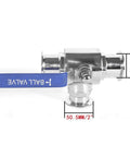 Flow Solutions 1.5 in sanitary tri-clamp ball valve, side view, stainless steel body with blue lever