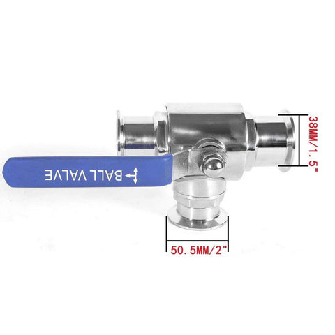 Flow Solutions 1.5 in sanitary tri-clamp ball valve, side view, stainless steel body with blue lever