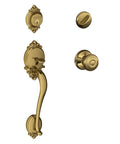 Brookshire Handleset And Georgian Knob In Antique Brass Finish For Front Doors, Single Cylinder Entry Set With Adjustable Throughbolt Fits 1 5/8 To 1 3/4 Inch Doors, Self Aligning Screws For Easy Install, Old School Traditional Curb Appeal product image showing ornate design and components.