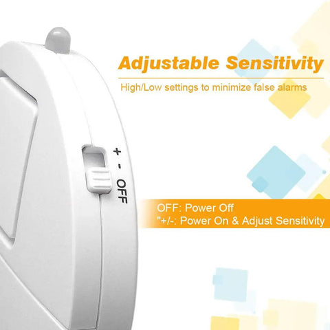 Window Alarm System 4 Pack Ultra Loud 120dB Alarms With Advanced Vibration Sensors For Glass Break Detection Ideal For Home Office Garage RV Dorm And Sliding Or Traditional Windows Includes Low Battery LED Indicator, side view showing sensitivity switch