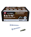 Exterior Wood Screws For Decks And Fences With PrimeGuard Nano Coating For Tough As Nails Outdoor Durability And Corrosion Resistance T 17 Autopilot Tip White No 8 By 1 5 8 Inch 1 Lb Box packaging with screws and bit visible.