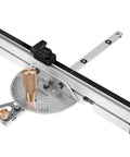 Slick Brass Handle Miter Gauge With Smooth Roll Track Stops And Solid Build Box Joint Jig, designed for precise woodworking angles.