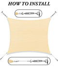 Beefed Up Heavy Duty Beige 12 Foot By 16 Foot Sun Shade Sail Canopy With Reinforced Corners And Edges, 260 GSM Permeable Fabric, Stainless Mounting Rings, Custom Size Available For Patio Or Deck installation guide.