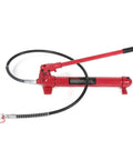10 Ton Hydraulic Porta Power Kit With Heavy Duty Car Jack Ram For Auto Repair Shop Use, red hydraulic pump with hose and lever.