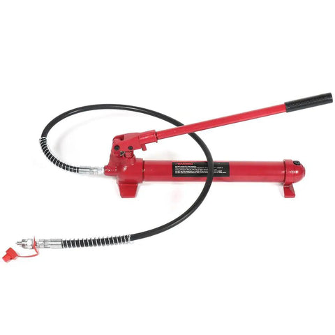 10 Ton Hydraulic Porta Power Kit With Heavy Duty Car Jack Ram For Auto Repair Shop Use, red hydraulic pump with hose and lever.