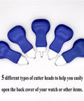 5 blue cutter heads from the 8 In 1 Watch Back Removal Tool Kit For Battery Replacement With Six Pry Tools, Case Back Opener and Accessories