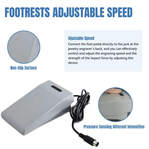 Foot pedal for Air-Free Pneumatic Engraving Machine with adjustable speed for jewelry engraving, non-slip surface, and power cord.