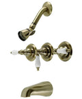 Antique Brass Victorian Triple Handle Tub And Shower Faucet Set With Wall Mount Solid Brass Construction Durable Washerless Cartridge