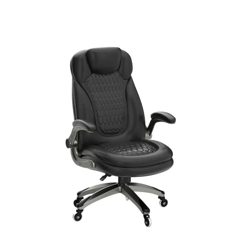 Ergonomic Executive Office Chair For Home And Desk, High Back Leather Swivel Chair With Padded Flip Up Armrests, Black