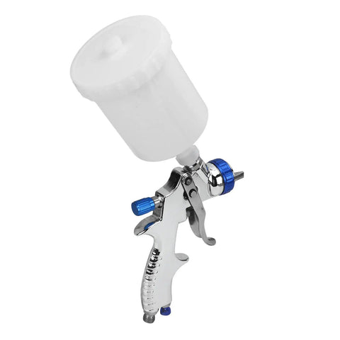 Professional Low Pressure Pneumatic Paint Sprayer With 600ML Hopper For Water Based Paint Adjustable Flow Control showing chrome gun and white reservoir.