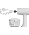 Cordless Electric Hand Mixer With Stainless Steel Beaters. USB Rechargeable Power for quick whipping, featuring a whisk attachment.