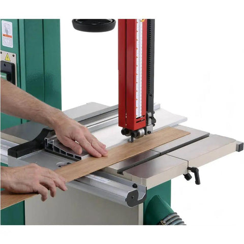 Heavy Duty Resaw Fence Upgrade For 14 Inch Bandsaws Featuring Quick Change Height Rails And Removable Alignment Blocks, cutting wood.