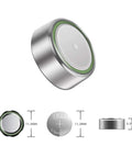 Pack Of Ten LR44 AG13 Button Cell Batteries 1.5V Coin Cells Replacement For Watches Calculators Toys And Remotes, silver battery with dimensions.