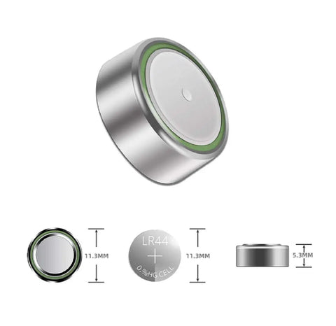 Pack Of Ten LR44 AG13 Button Cell Batteries 1.5V Coin Cells Replacement For Watches Calculators Toys And Remotes, silver battery with dimensions.