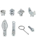 Six swappable cutting heads for Heavy Duty Steel Drain Snake Flexible Auger Cord, including springs and hooks.