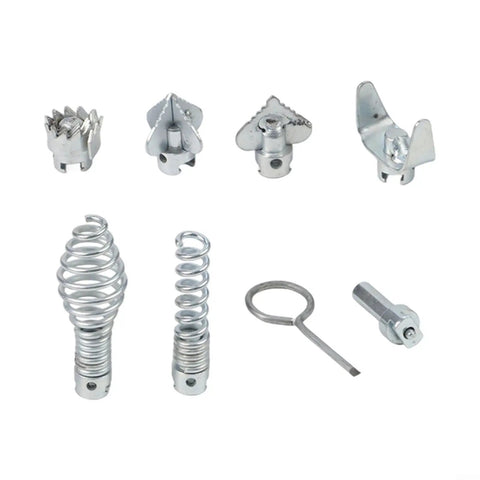 Six swappable cutting heads for Heavy Duty Steel Drain Snake Flexible Auger Cord, including springs and hooks.