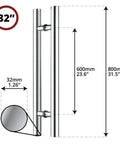 32-inch brushed stainless steel door handles set with dimensions for wood, metal, glass doors; heavy-duty, corrosion-resistant, includes mounting hardware.