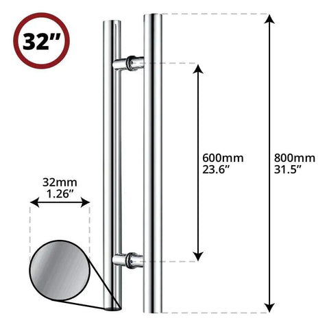 32-inch brushed stainless steel door handles set with dimensions for wood, metal, glass doors; heavy-duty, corrosion-resistant, includes mounting hardware.