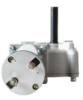 Front view of a silver tarp gear motor with black drive shaft and round faceplate.
