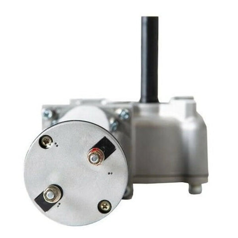 Front view of a silver tarp gear motor with black drive shaft and round faceplate.