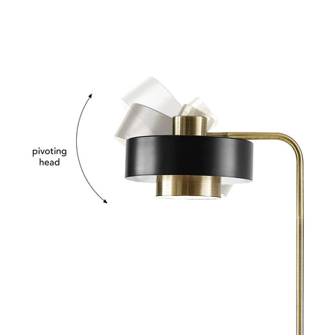 Close-up of Felipe Floor Lamp with Tilting Head, Antique Brass Finish and Matte Black Accent, Mid Century Modern Style