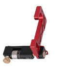 Tough Table Saw Miter Guide With 13 Positive Angle Stops And Adjustable Backing Blocks That Slide Smooth To 36 Inches, red aluminum with precision adjustment.