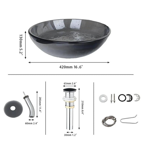 Dope Gray Round Glass Vessel Sink With Waterfall Faucet And Pop Up Drain Above Counter Bathroom Vanity Basin components and dimensions
