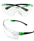 Rock Solid Pair Of Uv Shielding Safety Glasses With Anti Fog Scratch Proof Wraparound Lenses in clear with green accents.