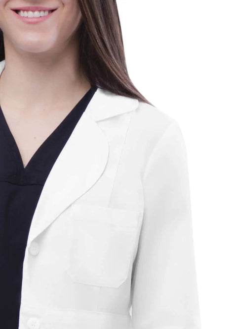 Close-up of a Women Belted Lab Coat 33 Inch White Size M with chest pocket, worn by a medical professional, part of uniform.