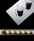 Top Shelf Wall Mounted Constant Temperature Shower System With Giant Canopy Rain Head Plus Side Jets lead free copper core control panel and brass manifold.