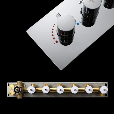 Top Shelf Wall Mounted Constant Temperature Shower System With Giant Canopy Rain Head Plus Side Jets lead free copper core control panel and brass manifold.