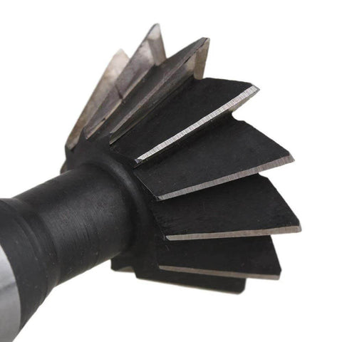 Dovetail milling end mill, 16 mm diameter, 45°, HSS, with multiple cutting flutes and black reinforced shank.