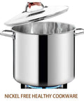 Commercial Grade 20 Quart Stock Pot With Lid Nickel Free Stainless Steel Heavy Duty Induction Ready Polished Stock Pot For Home Kitchen And Catering Kitchen Workhorse Large Soup Pot, shown with lid partially open on stove.