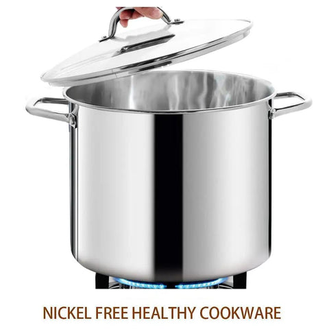 Commercial Grade 20 Quart Stock Pot With Lid Nickel Free Stainless Steel Heavy Duty Induction Ready Polished Stock Pot For Home Kitchen And Catering Kitchen Workhorse Large Soup Pot, shown with lid partially open on stove.