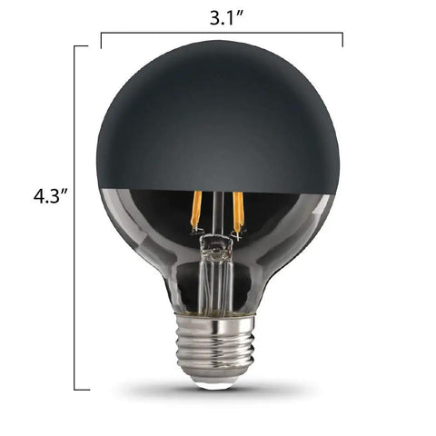 G25 DM Black Mirror Dome Filament LED Light Bulb 40W Equivalent, mirrored top glass globe for softer ambient glow, front view