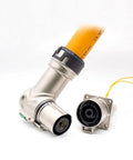 Heavy Duty EV High Voltage Connector 1 Pin Right Angle Metal Plug Socket 500A IP67 with an orange cable and socket.