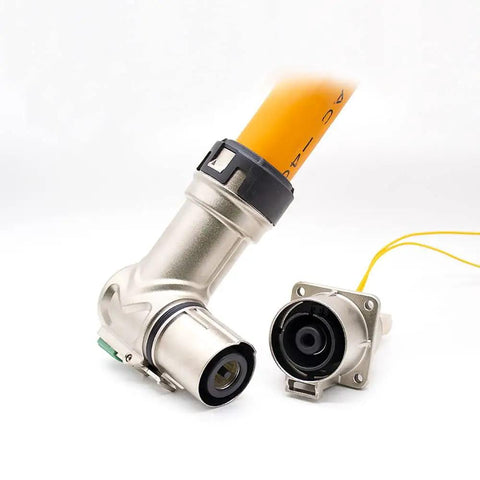Dead Serious Heavy Duty EV High Voltage Connector 1 Pin Metal Plug Socket 500Amp Right Angle HD Shield IP67 Waterproof Industrial HVIL Terminal Built Different For Electric Vehicle Power Systems with cable.