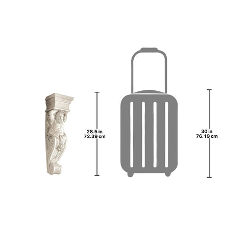 Telamon Wall Sculpture In Antique Stone Finish, Hand Cast With Real Crushed Stone shown with size comparison to 30 in suitcase