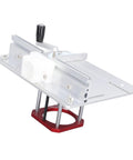 Knockout Router Table Insert Plate With Beefy Handle Lifting System 0 To 54 Millimeters Lift For 64 And 65 Mm Trim Cutters, silver and red heavy duty construction.