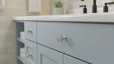 Polished Chrome Round Cabinet Knobs 10 Pack With Intricate Filigree Pattern And Decorative Cutouts For Cabinets And Drawers 1.4 Inch Diameter And Easy Grip on a blue cabinet