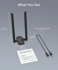 AX1800 USB WiFi 6 Adapter For PC Laptop Desktop Long Range Dual Band with antennas, USB cable, and installation guide