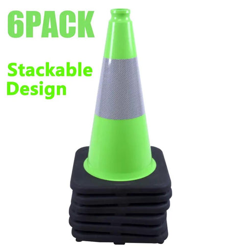 Heavy Duty 18 Inch Traffic Cones Set With 6 Inch Reflective Collars, Lime Green PVC Construction Cones For Home Driveway, Road Parking Or Job Site, Wind Resistant Weighted Base Keeps Them Standing In Any Weather