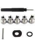 Spot Weld Cutter Set 5 Pack 3/8 Inch HSS Blades for drilling metal sheets, shown with center pin and drill fittings.